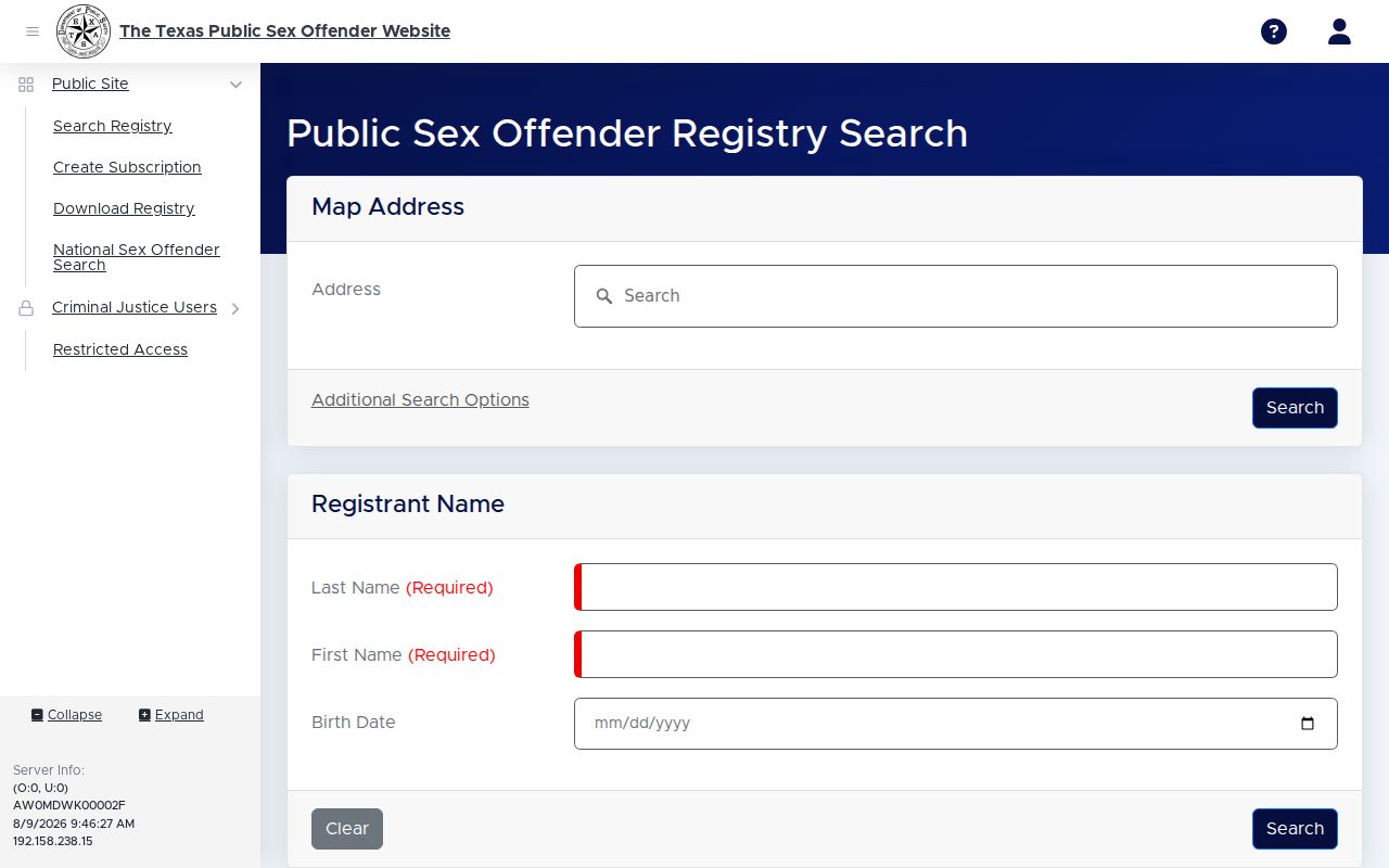 Texas DPS Public Sex Offender Registry search page used for Angelina County lookups
