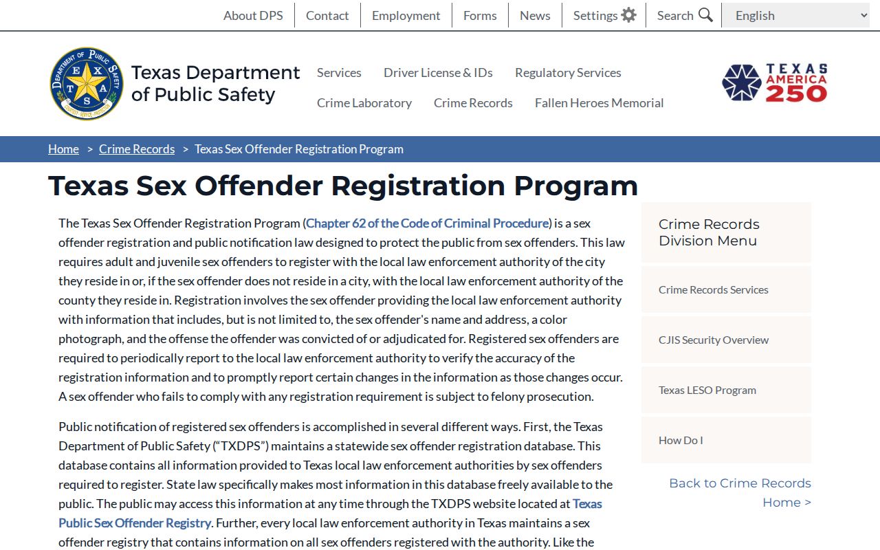 Texas DPS Sex Offender Registration Program information for Angelina County residents