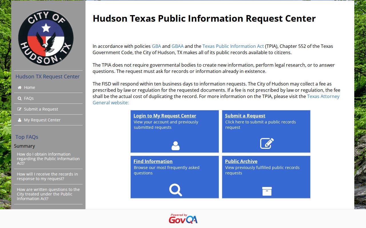 Hudson GovQA portal for public record requests